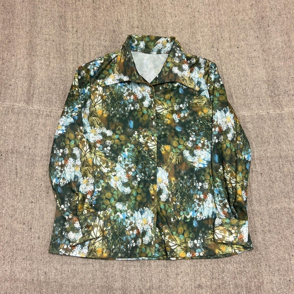 Vintage 1970s Flower Button Up Shirt Women's Medium Green Floral